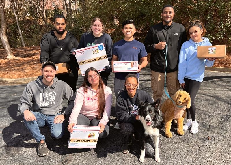eight adults holding shipping boxes alongside two dogs