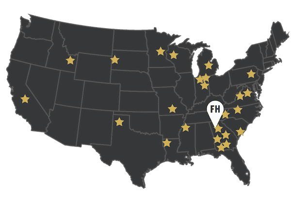 Map of the United States with yellow stars indicating locations