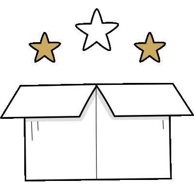 line drawing of an open box with three gold stars floating above it