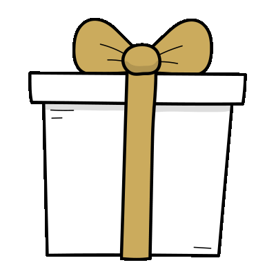 line drawing of a gift box with a gold bow