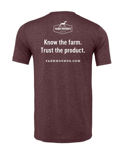 heather maroon t-shirt with the farm hounds logo and tagline on the back