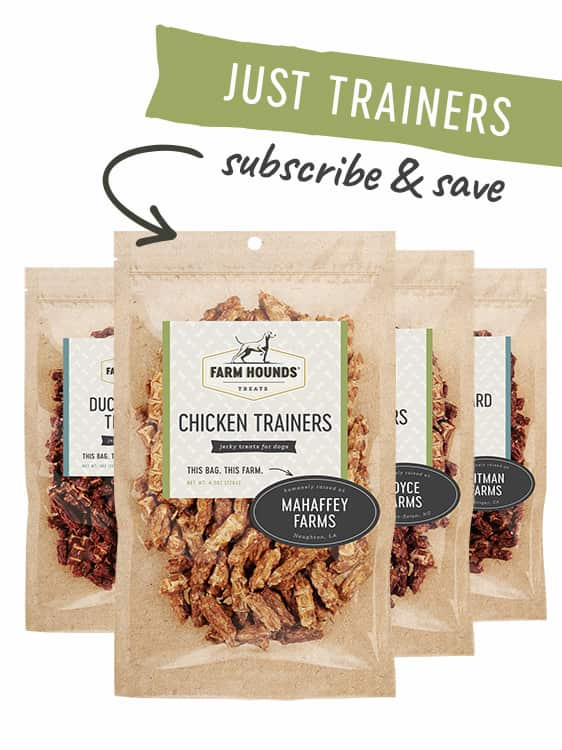 four bags of training treats with text that says subscribe and save