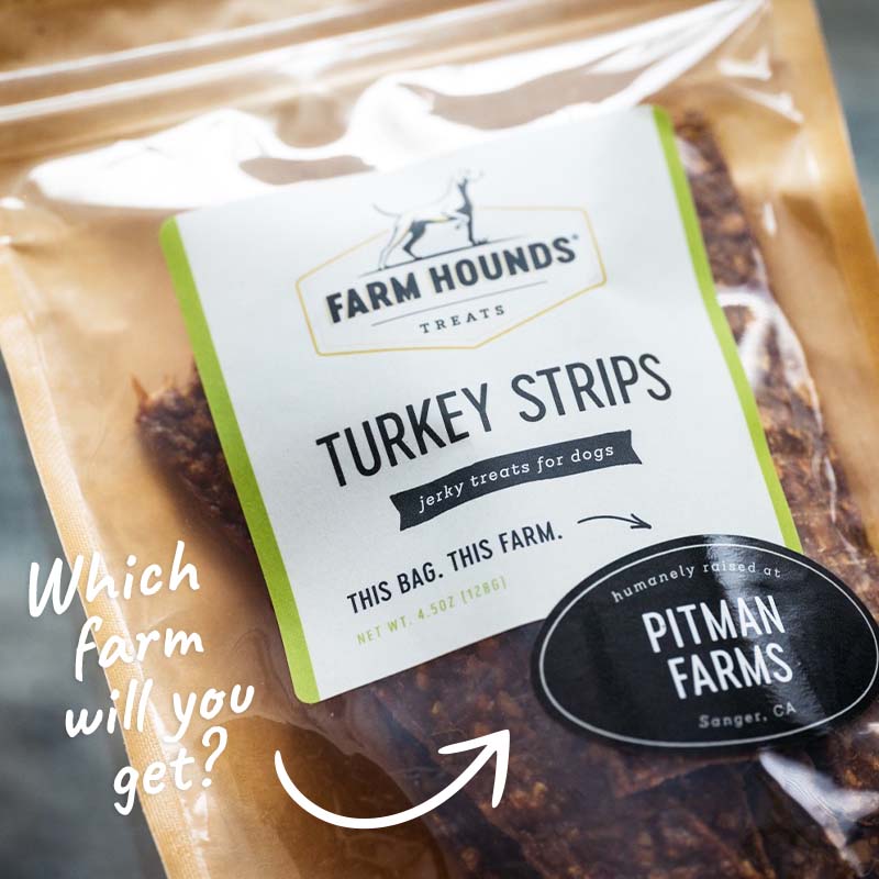 turkey strips bag with farm sticker and text which farm will you get