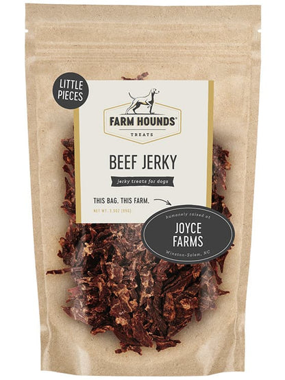 beef jerky little pieces in a sealed kraft paper pouch bag with a clear front and a farm partner sticker