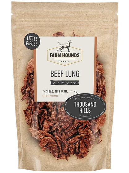 beef lung little pieces in a sealed kraft paper pouch bag with a clear front and a farm partner sticker