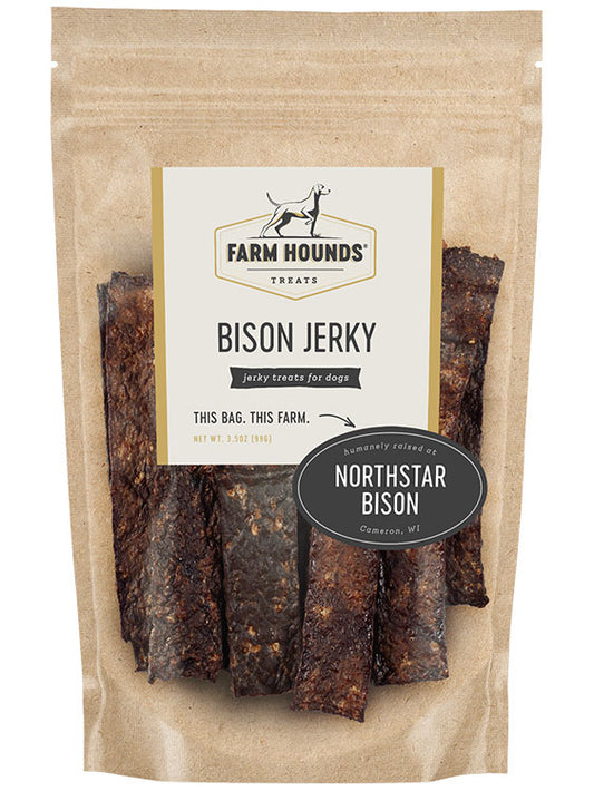 bison jerky in a sealed kraft paper pouch bag with a clear front and a farm partner sticker