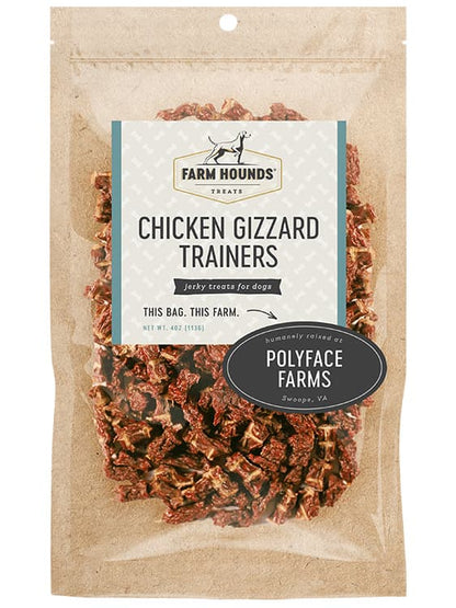 chicken gizzard trainers in a sealed kraft paper pouch bag with a clear front and a farm partner sticker