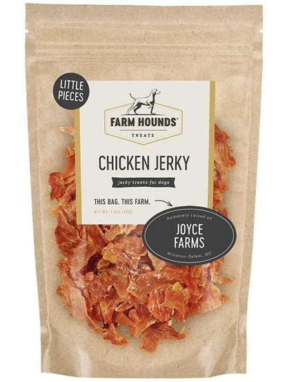 chicken jerky little pieces in a sealed kraft paper pouch bag with a clear front and a farm partner sticker