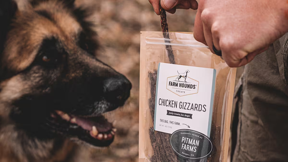 A person holds a bag of Farm Hounds Chicken Gizzards dog treats next to a German Shepherd dog in an outdoor setting.