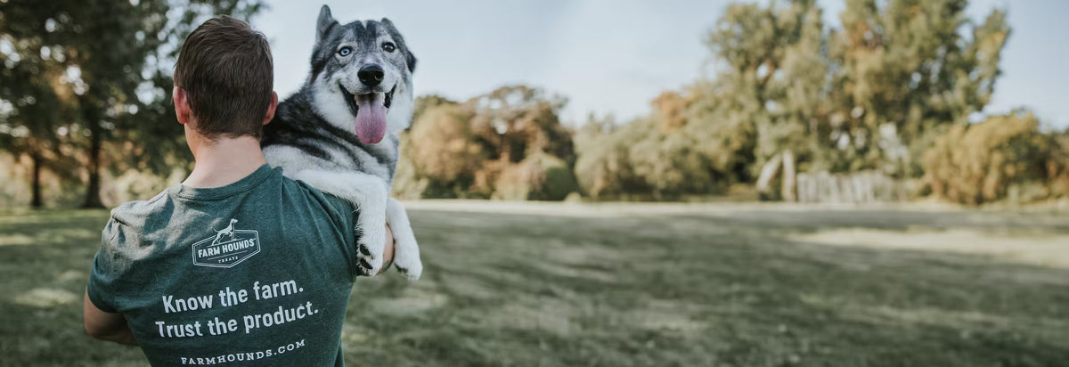 A husky carried by a man wearing a Farm Hounds t-shirt on a sunny day outdoors