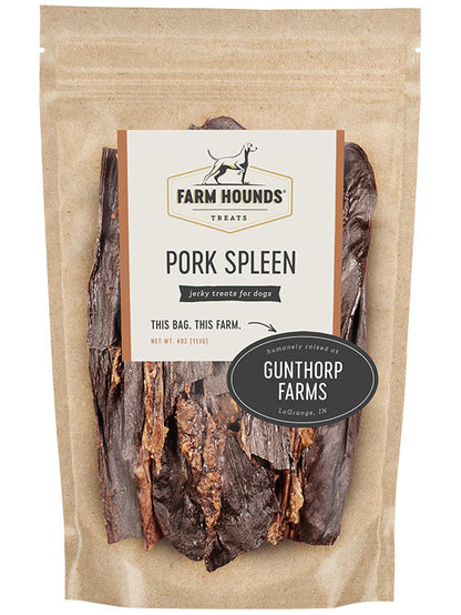 pork spleen treats in a sealed kraft paper pouch bag with a clear front and a farm partner sticker