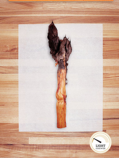 black rabbit hide on a butcher block countertop