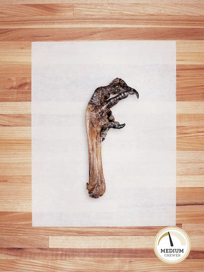 dark colored turkey foot on butcher block countertop