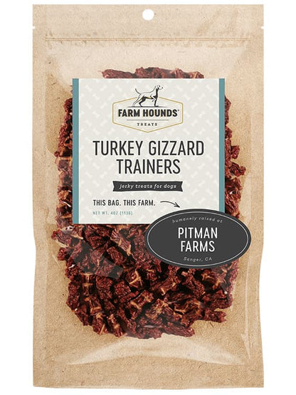 turkey gizzard trainers in a sealed kraft paper pouch bag with a clear front and a farm partner sticker