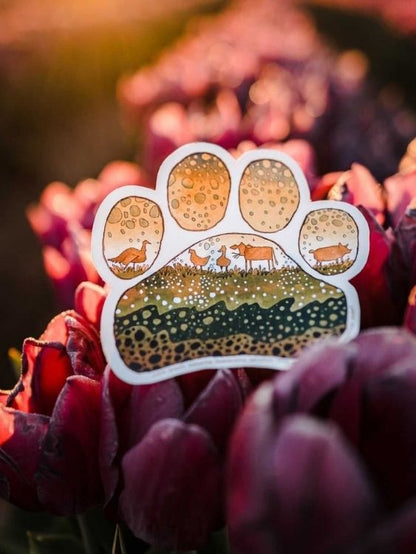 illustrated paw print sticker resting on pink tulips at sunset