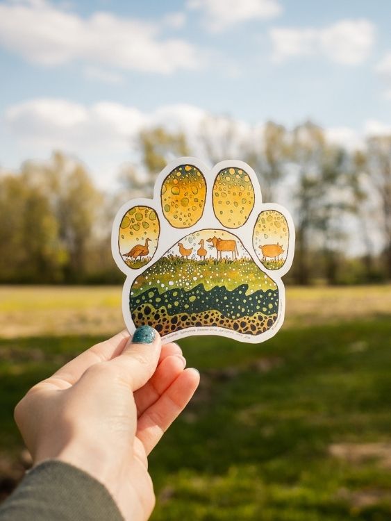 hand holding an illustrated paw print sticker in front of the horizon