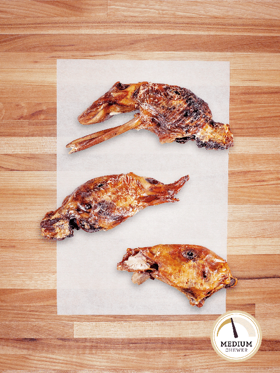 three scratch and dent duck heads on a butcher block countertop