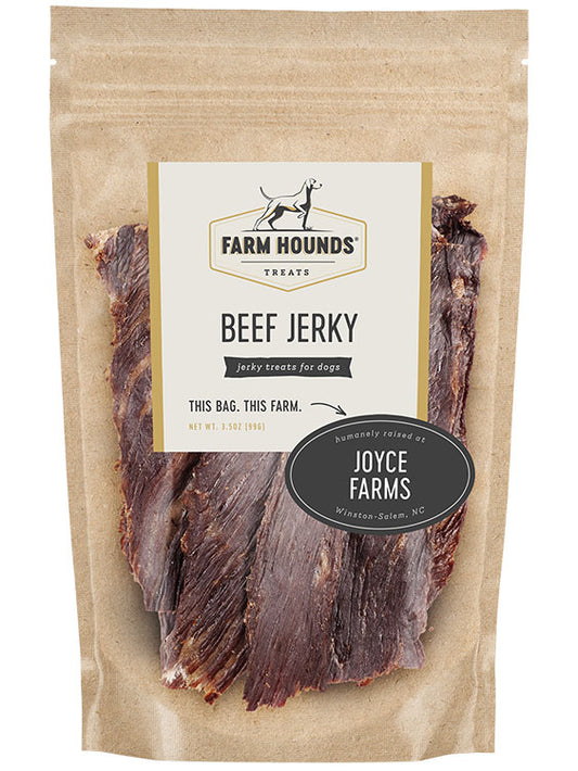 beef jerky in a sealed kraft paper pouch bag with a clear front and a farm partner sticker