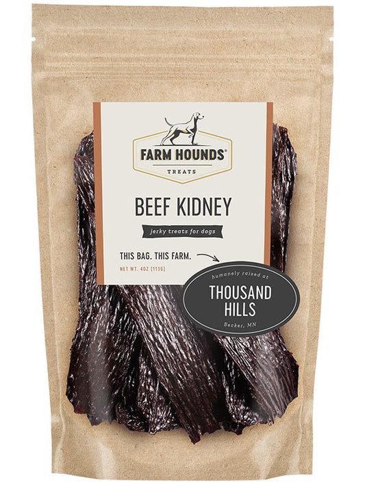 beef kidney in a sealed kraft paper pouch bag with a clear front and a farm partner sticker