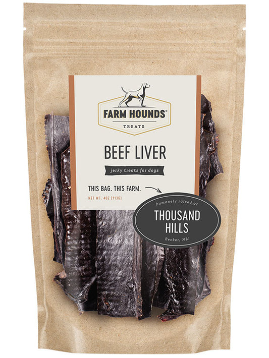 beef liver in a sealed kraft paper pouch bag with a clear front and a farm partner sticker