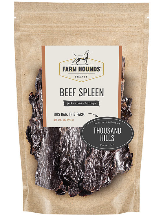 beef spleen in a sealed kraft paper pouch bag with a clear front and a farm partner sticker