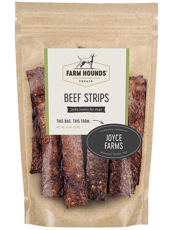 beef strips in a sealed kraft paper pouch bag with a clear front and a farm partner sticker