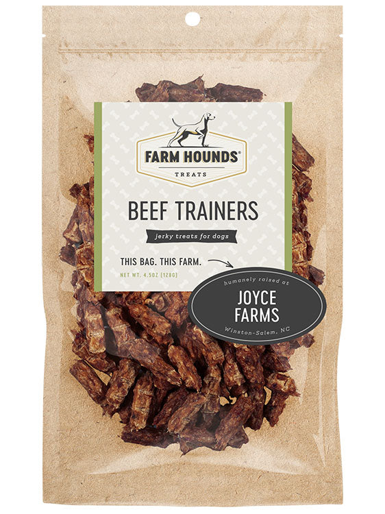 beef trainers in a sealed kraft paper pouch bag with a clear front and a farm partner sticker