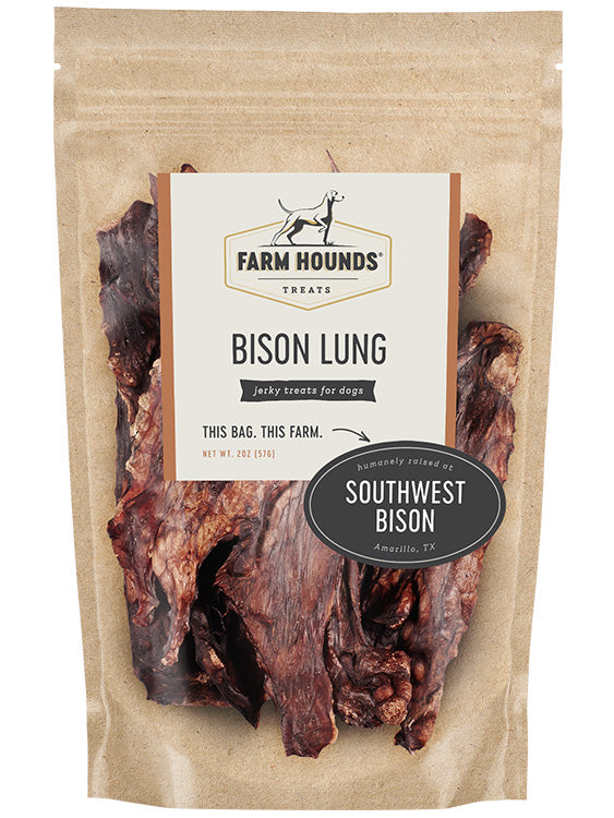 bison lung in a sealed kraft paper pouch bag with a clear front and a farm partner sticker