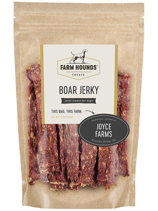 boar jerky in a sealed kraft paper pouch bag with a clear front and a farm partner sticker