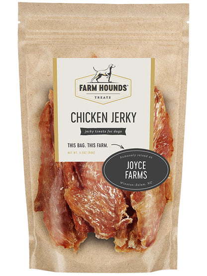 chicken jerky in a sealed kraft paper pouch bag with a clear front and a farm partner sticker