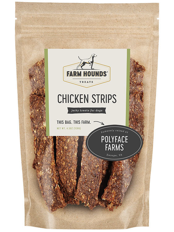 chicken strips in a sealed kraft paper pouch bag with a clear front and a farm partner sticker