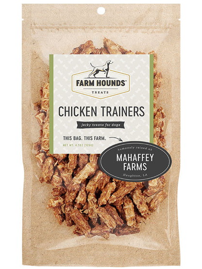 chicken trainers in a sealed kraft paper pouch bag with a clear front and a farm partner sticker