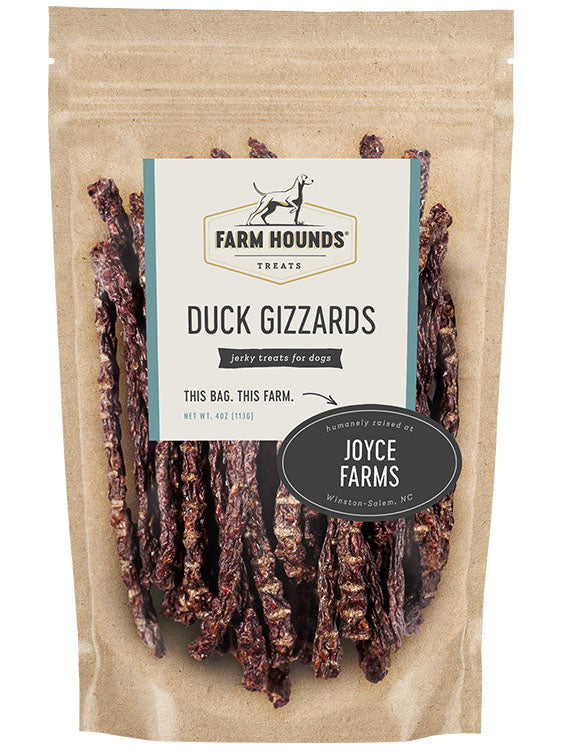 duck gizzards in a sealed kraft paper pouch bag with a clear front and a farm partner sticker