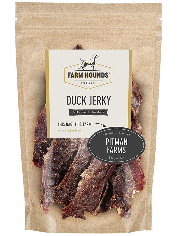 duck jerky in a sealed kraft paper pouch bag with a clear front and a farm partner sticker