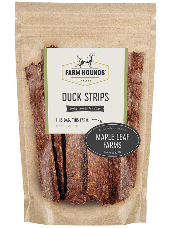 duck strips in a sealed kraft paper pouch bag with a clear front and a farm partner sticker