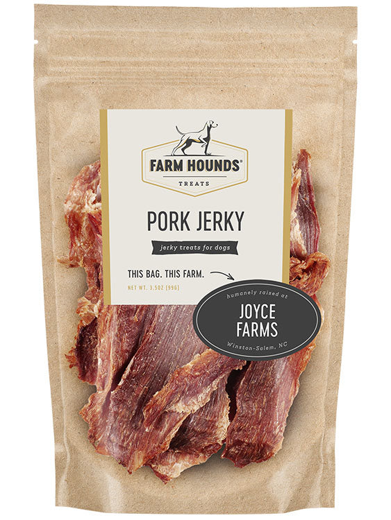 pork jerky in a sealed kraft paper pouch bag with a clear front and a farm partner sticker