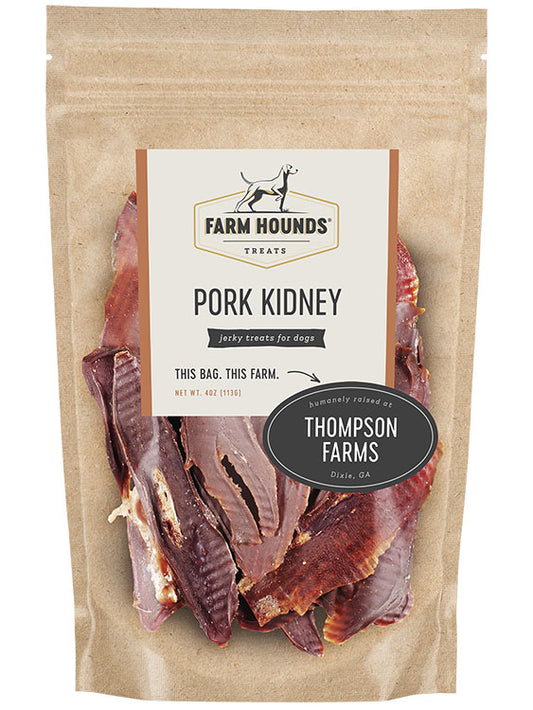 pork kidney in a sealed kraft paper pouch bag with a clear front and a farm partner sticker