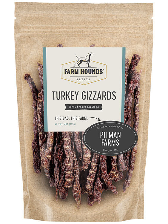 turkey gizzards in a sealed kraft paper pouch bag with a clear front and a farm partner sticker