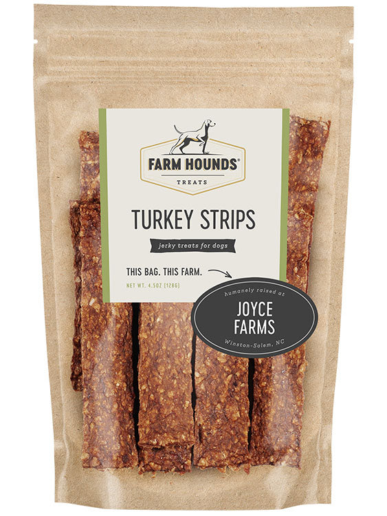 turkey strips in a sealed kraft paper pouch bag with a clear front and a farm partner sticker