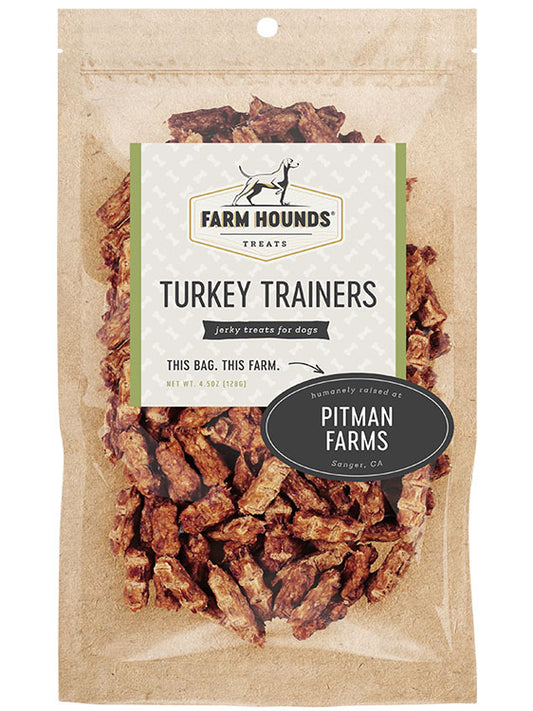 turkey trainers in a sealed kraft paper pouch bag with a clear front and a farm partner sticker